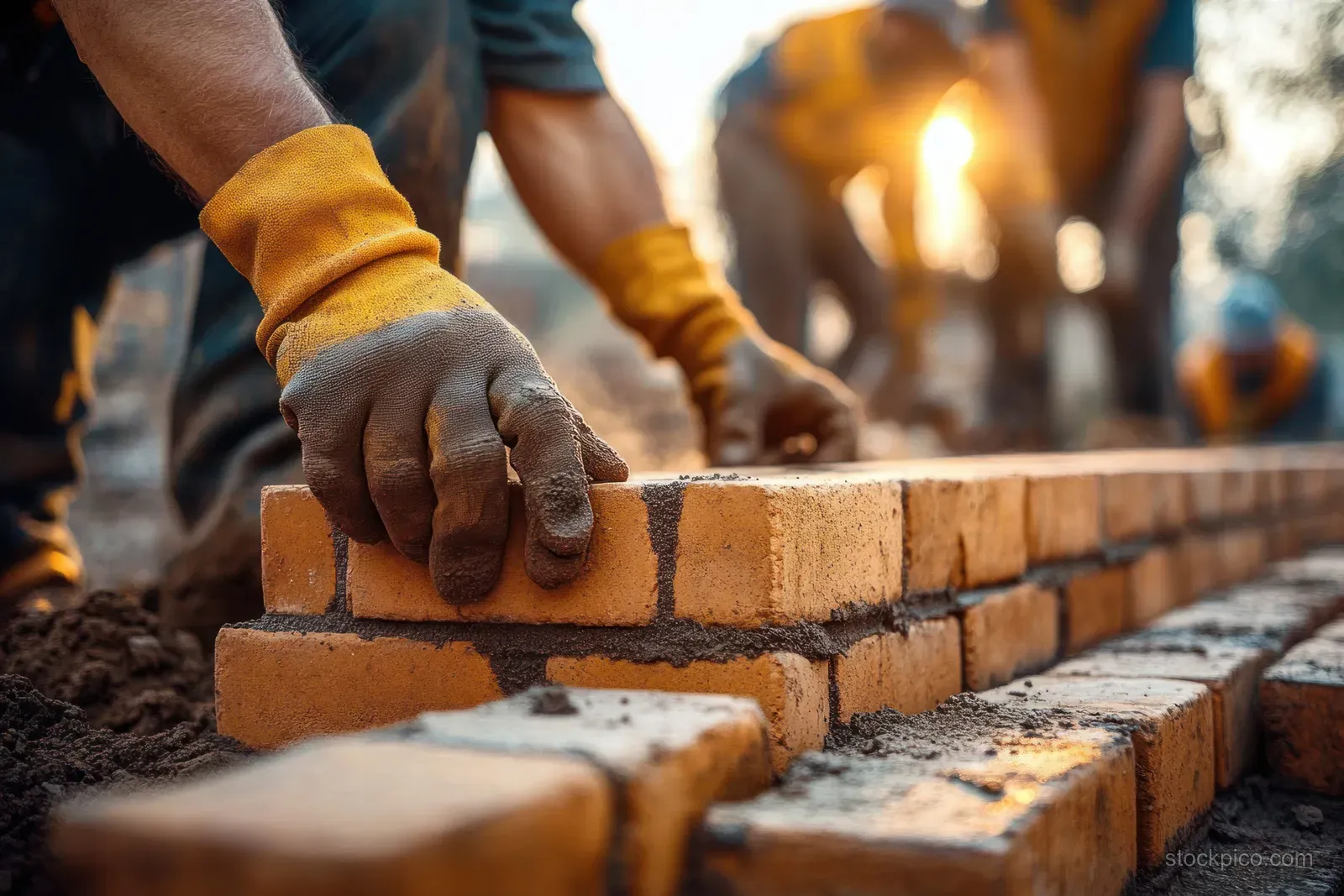 Gloved hands lay orange bricks with mortar along a wall line at a construction site during warm sunlight.