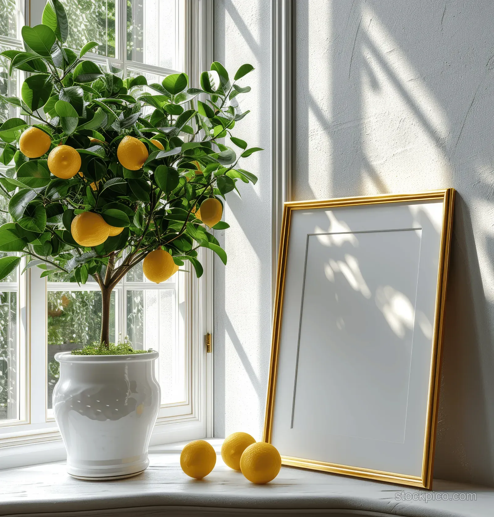 Gold photo frame mockup on a sunlit windowsill beside a potted lemon tree and small lemons.