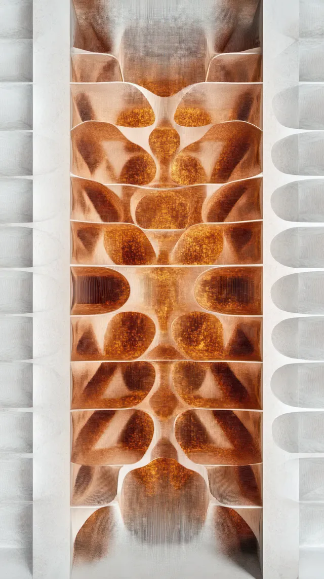 Symmetrical close-up of ribbed copper-toned metallic structures between smooth white panels with reflective texture.
