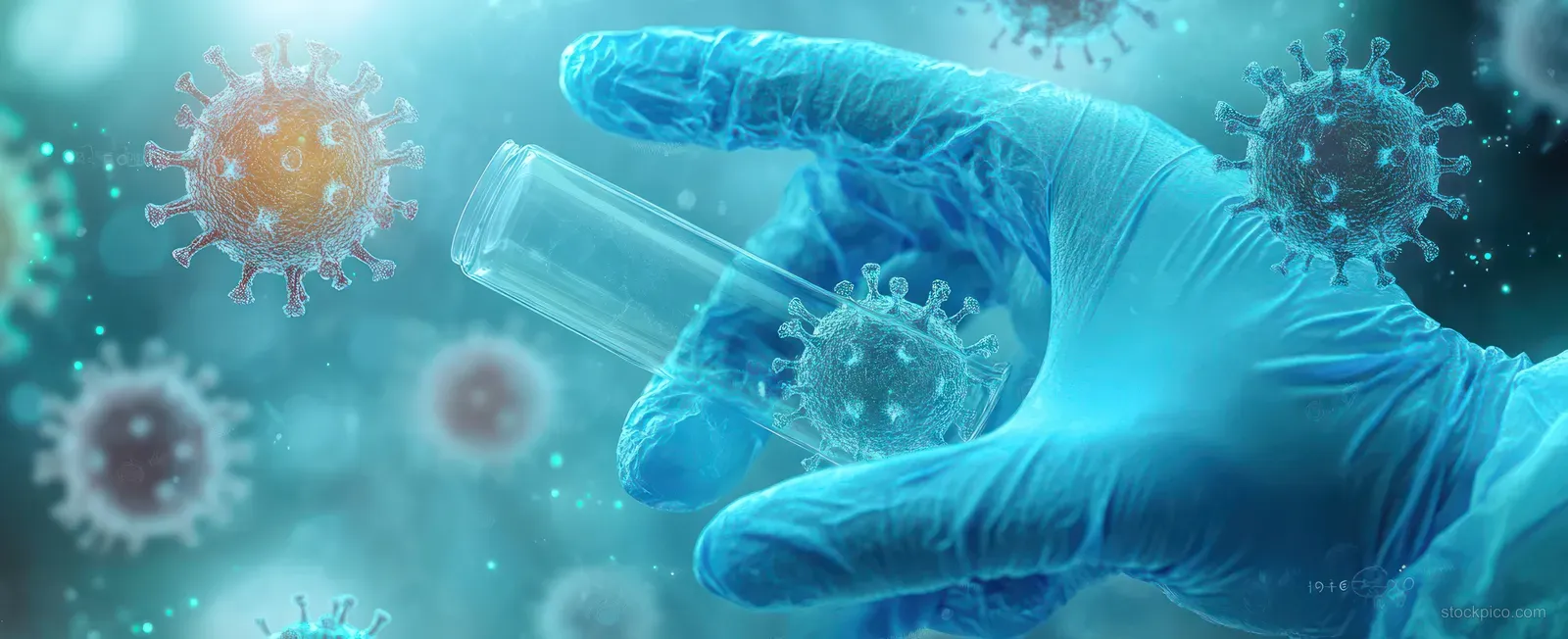 Scientist in blue gloves holds a test tube while glowing virus particles float across a futuristic laboratory background.