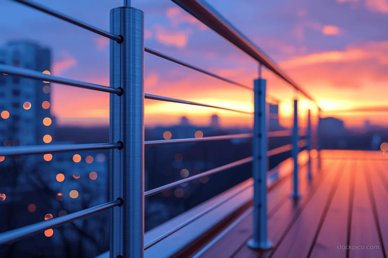 Metal balcony railing with a blurred city skyline at sunset.