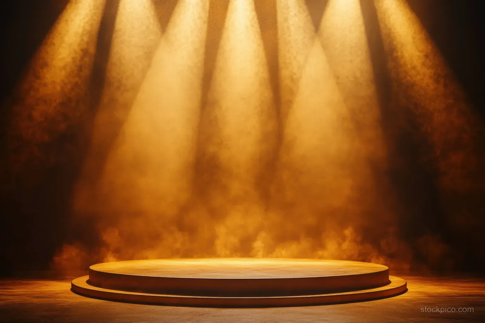 Empty golden pedestal stage illuminated by converging spotlights with smoky fog in a dark exhibition room.