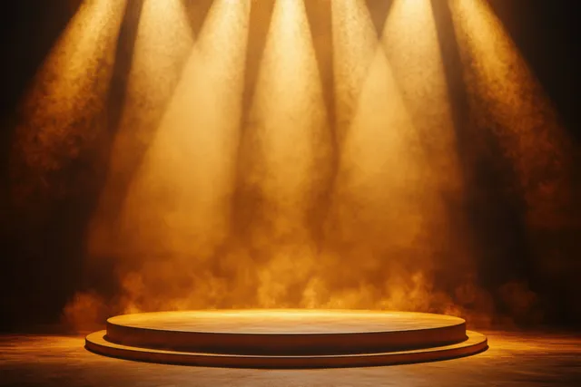 Golden stage pedestal with spotlight beams and smoky fog for event showcase