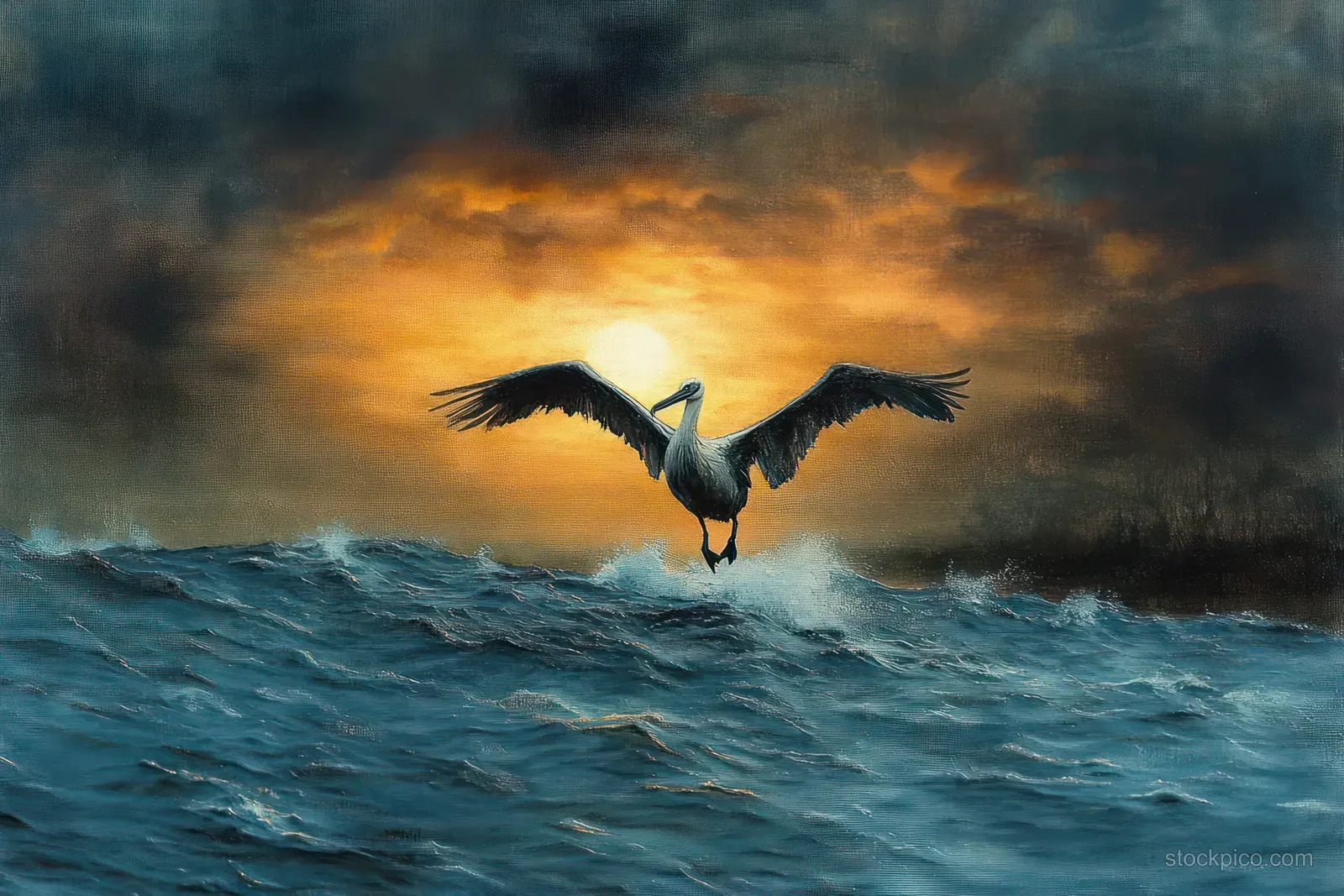 A pelican flies low over ocean waves at sunset with outstretched wings, dark clouds, and an orange sky.