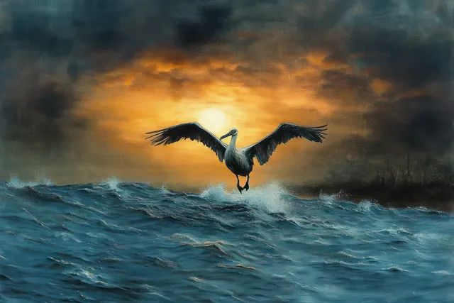 A pelican flies low over ocean waves at sunset with outstretched wings, dark clouds, and an orange sky.