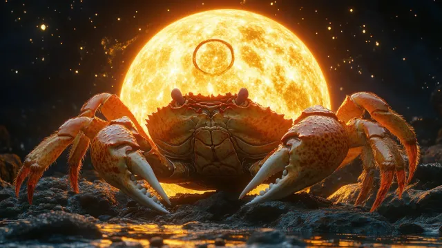 Giant red crab emerges beneath full moon, Cancer zodiac symbol glowing over ocean