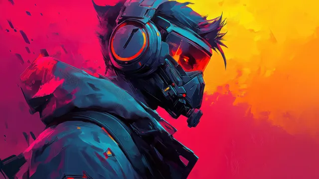 A hooded cyberpunk warrior wearing a neon mask stands in a fiery gradient background with glitchy color effects.