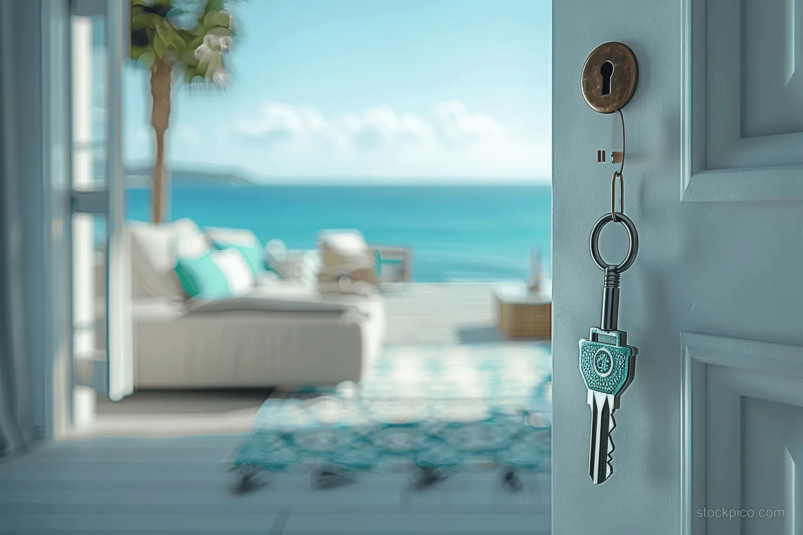 A key hangs on an open door, revealing a beach house interior with turquoise furniture and a sea view.