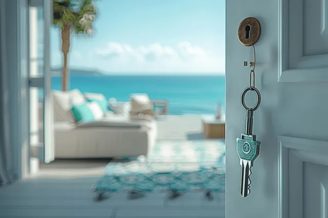 A key hangs on an open door, revealing a beach house interior with turquoise furniture and a sea view.