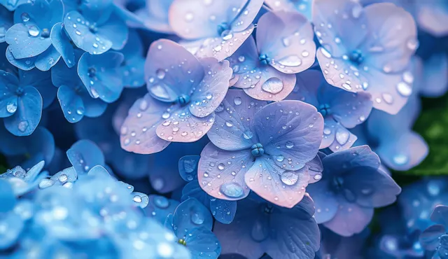 Primer plano de pétalos de hortensia azul cubiertos de gotas de rocío, con follaje de fondo suavemente desenfocado bajo luz primaveral.