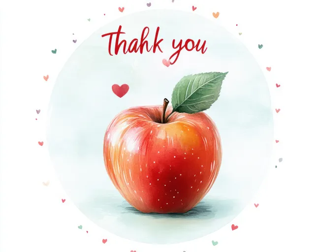 Pastel banner showing a red apple with green leaf, “Thank you” script, and small hearts around it.