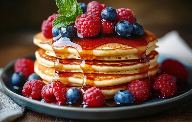 Fluffy pancakes are stacked on a dark plate and topped with blueberries, raspberries, mint, and golden syrup.