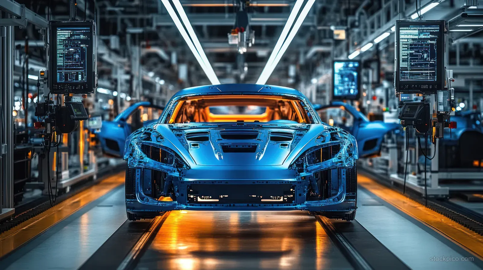 Blue car frame moves along a lit conveyor in a robotic factory with surrounding control panels.