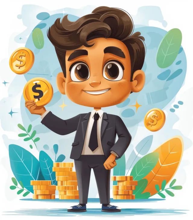 Smiling 3D cartoon businessman in a suit stands beside stacked gold coins with floating dollar symbols.