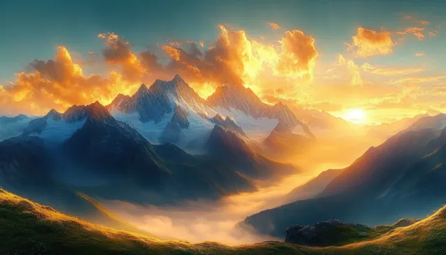 Golden sunrise illuminates rugged mountain peaks and deep valleys as clouds glow over a forested alpine landscape.