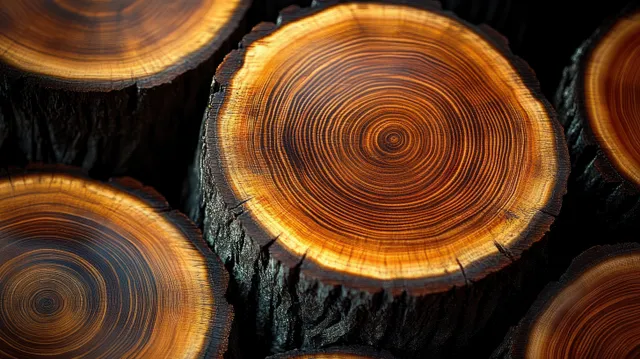 Cut tree stumps stacked together showing concentric growth rings and rough bark in warm brown tones.