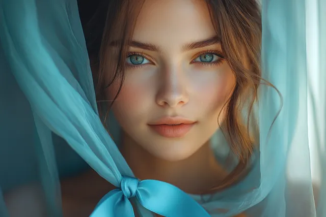 A person holds a blue awareness ribbon near their face in soft focus warm light.