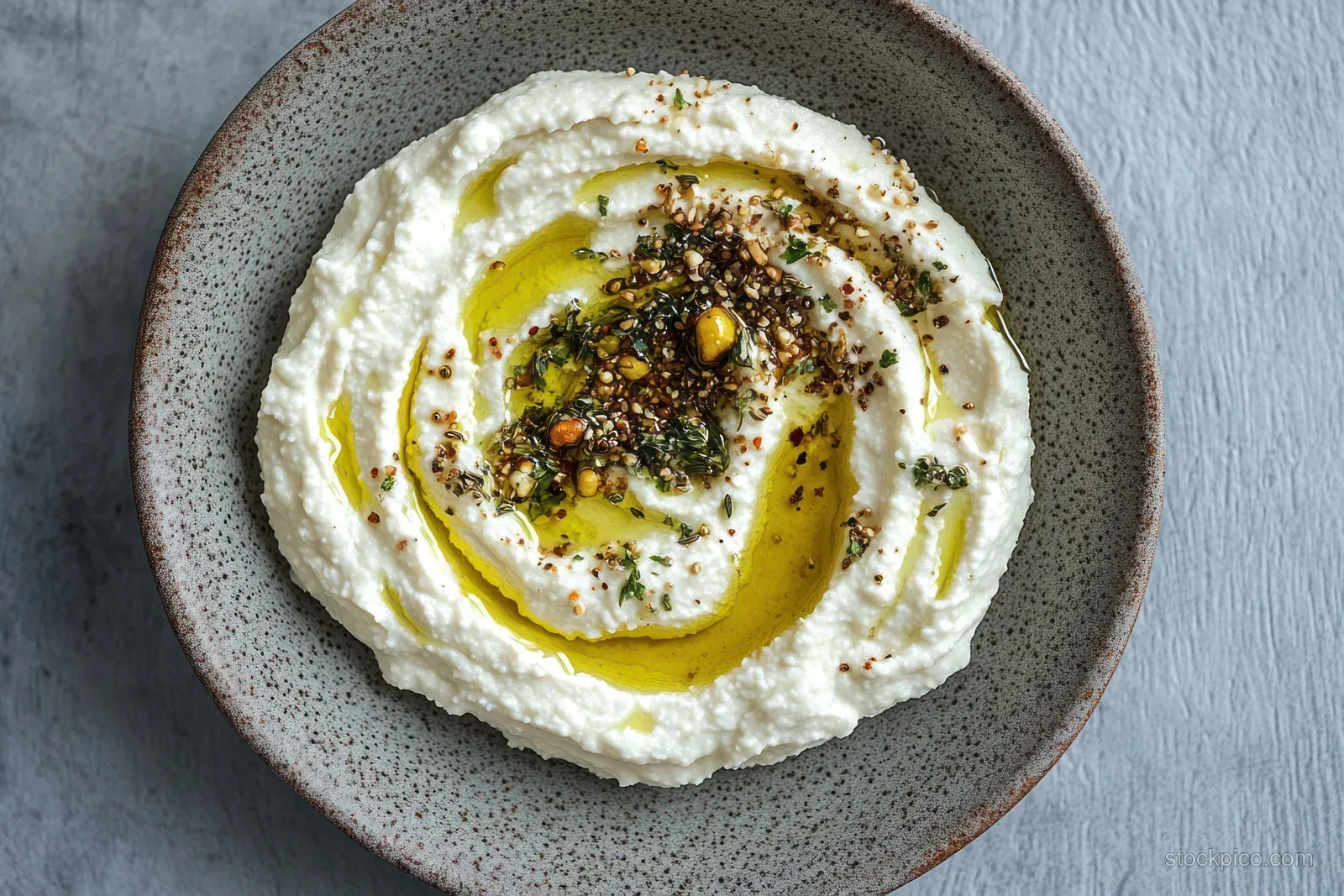 Creamy white dip swirled with golden olive oil and topped with herbs and spices in a rustic ceramic bowl.