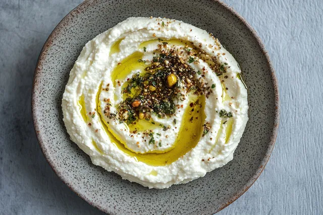 Creamy white dip swirled with golden olive oil and topped with herbs and spices in a rustic ceramic bowl.