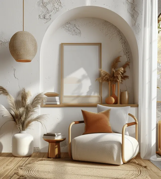 Minimalist living room scene with vertical poster frame and blue velvet armchair