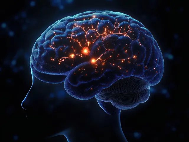 Side view of an illuminated brain with a highlighted thalamus and glowing neural pathways on a dark blue background.