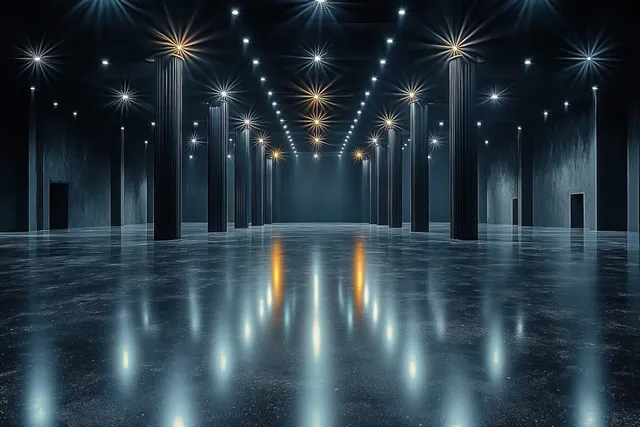 Symmetrical dark industrial hall with tall pillars and bright overhead lights reflecting on glossy floor