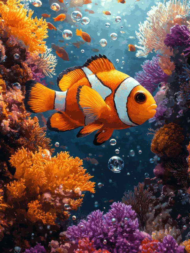 Clownfish swims through colorful coral reef with bubbles rising in clear blue water.