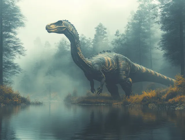 Lambeosaurus with a hatchet crest walks beside a calm reflective lake in a misty prehistoric forest.