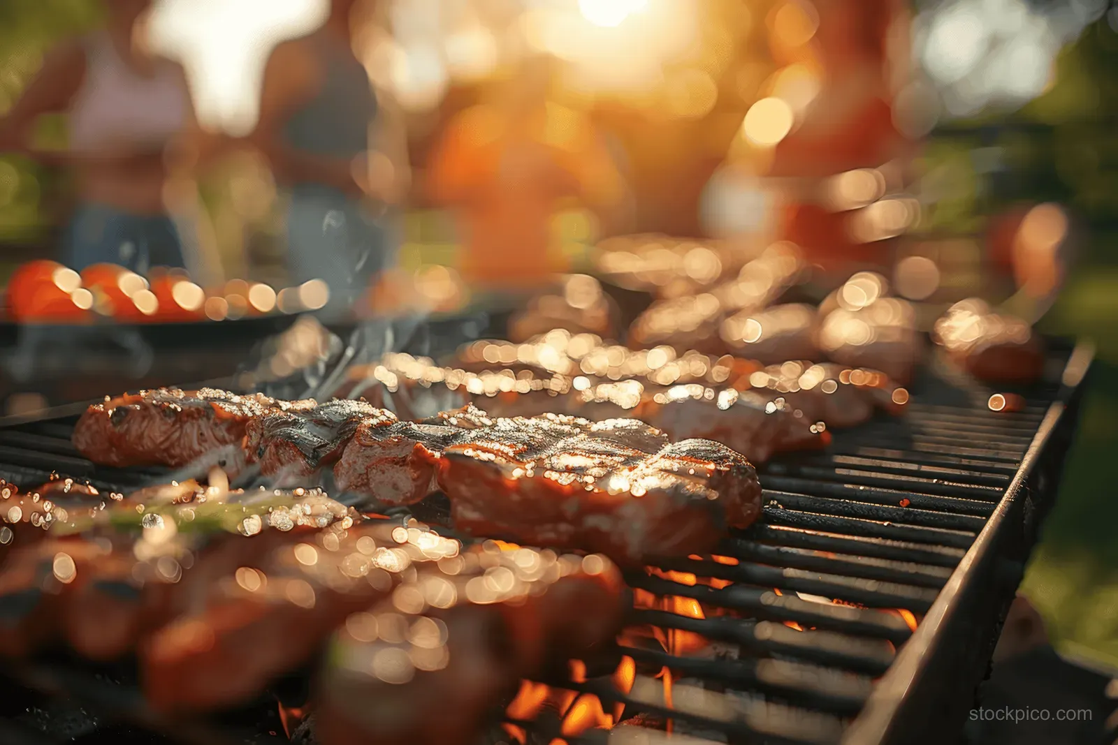 Steaks sizzle on a barbecue grill over open flames during an outdoor gathering with warm sunset light.