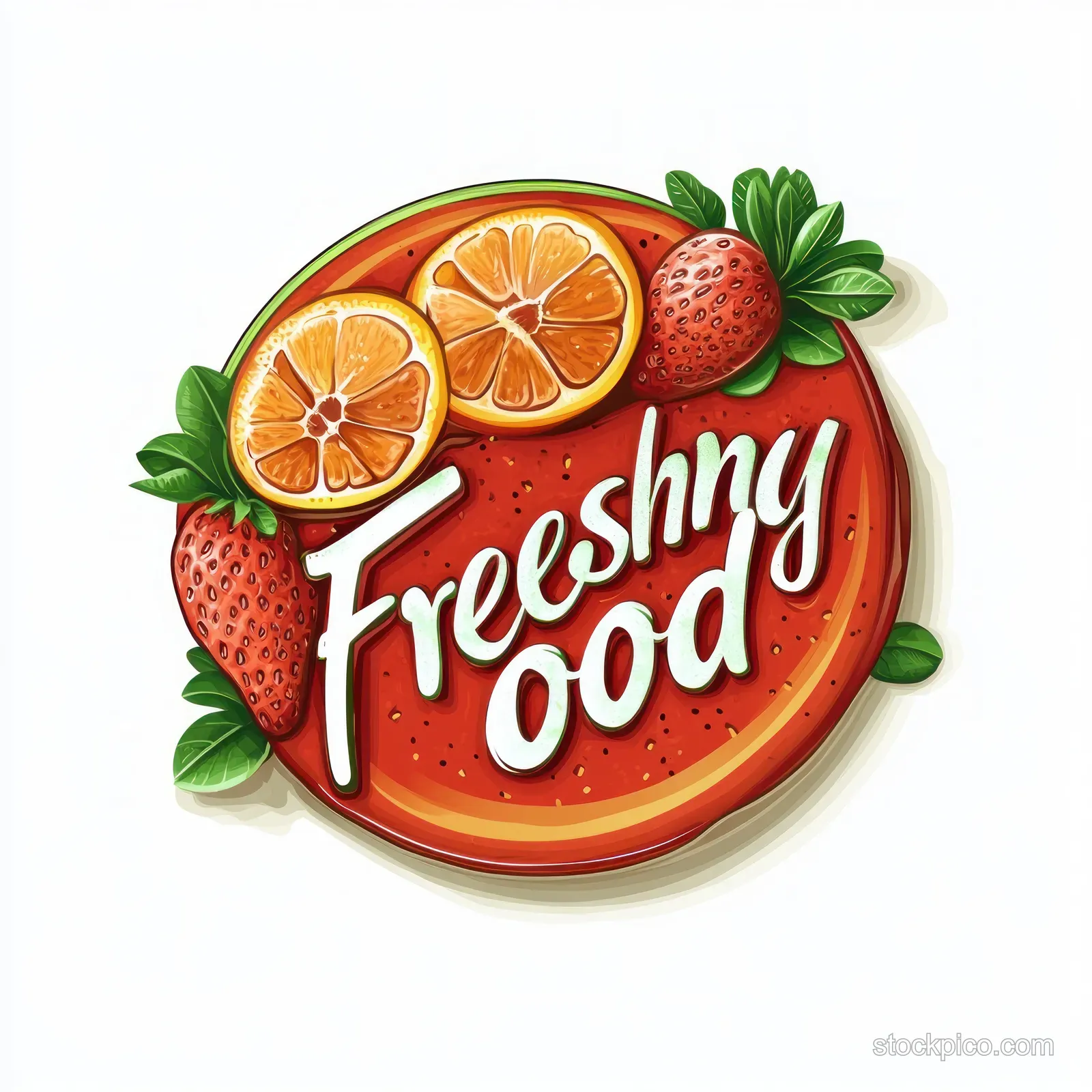 Round fresh food label logo with strawberries and orange slices around handwritten text on a red background.