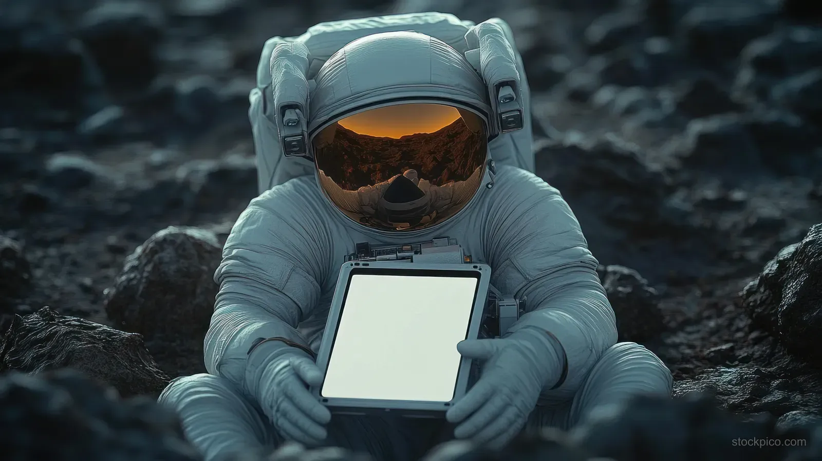 Astronaut in a white spacesuit sits on rocky terrain holding a tablet with a blank screen reflected in the helmet visor.