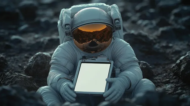 Astronaut in a white spacesuit sits on rocky terrain holding a tablet with a blank screen reflected in the helmet visor.