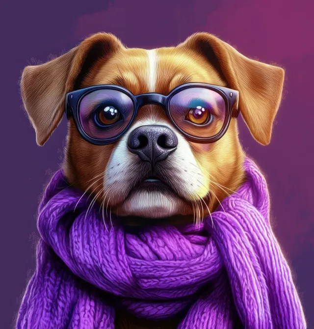 Funny French bulldog portrait wearing violet sunglasses and knitted scarf with Violet Color Theme