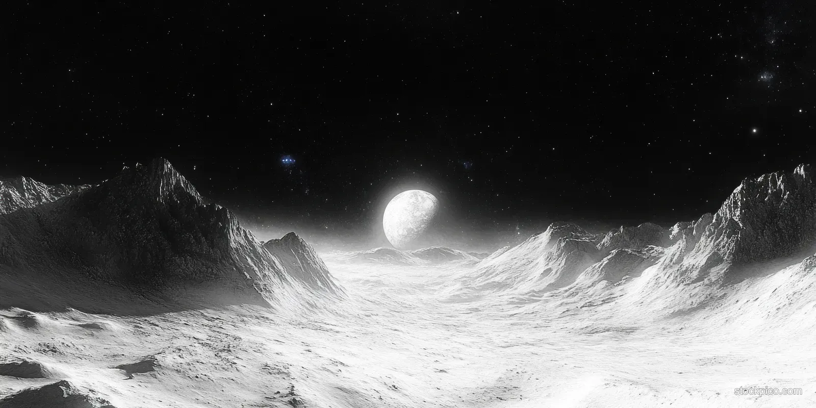 Moonlit alien landscape with stark white mountains stretching across a dark starry sky in black and white.