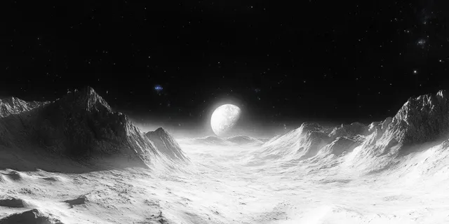 Moonlit alien landscape with stark white mountains stretching across a dark starry sky in black and white.