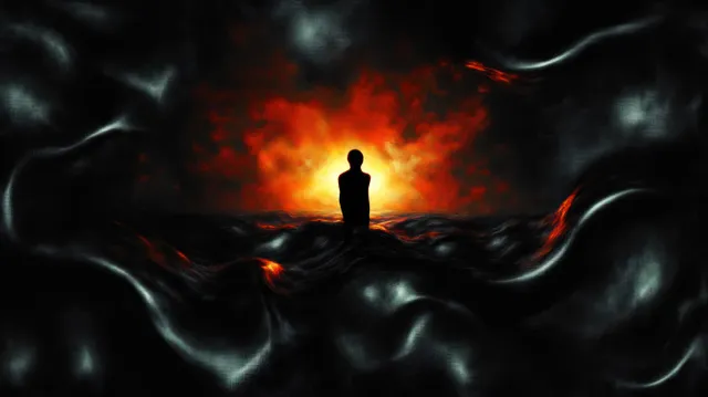 A lone silhouette stands amid swirling dark waves with a fiery orange glow behind it.