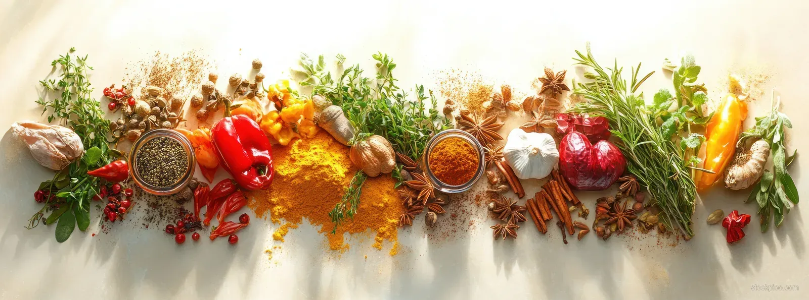 Colorful dried herbs and spices with small jars and peppers scattered on a white background.