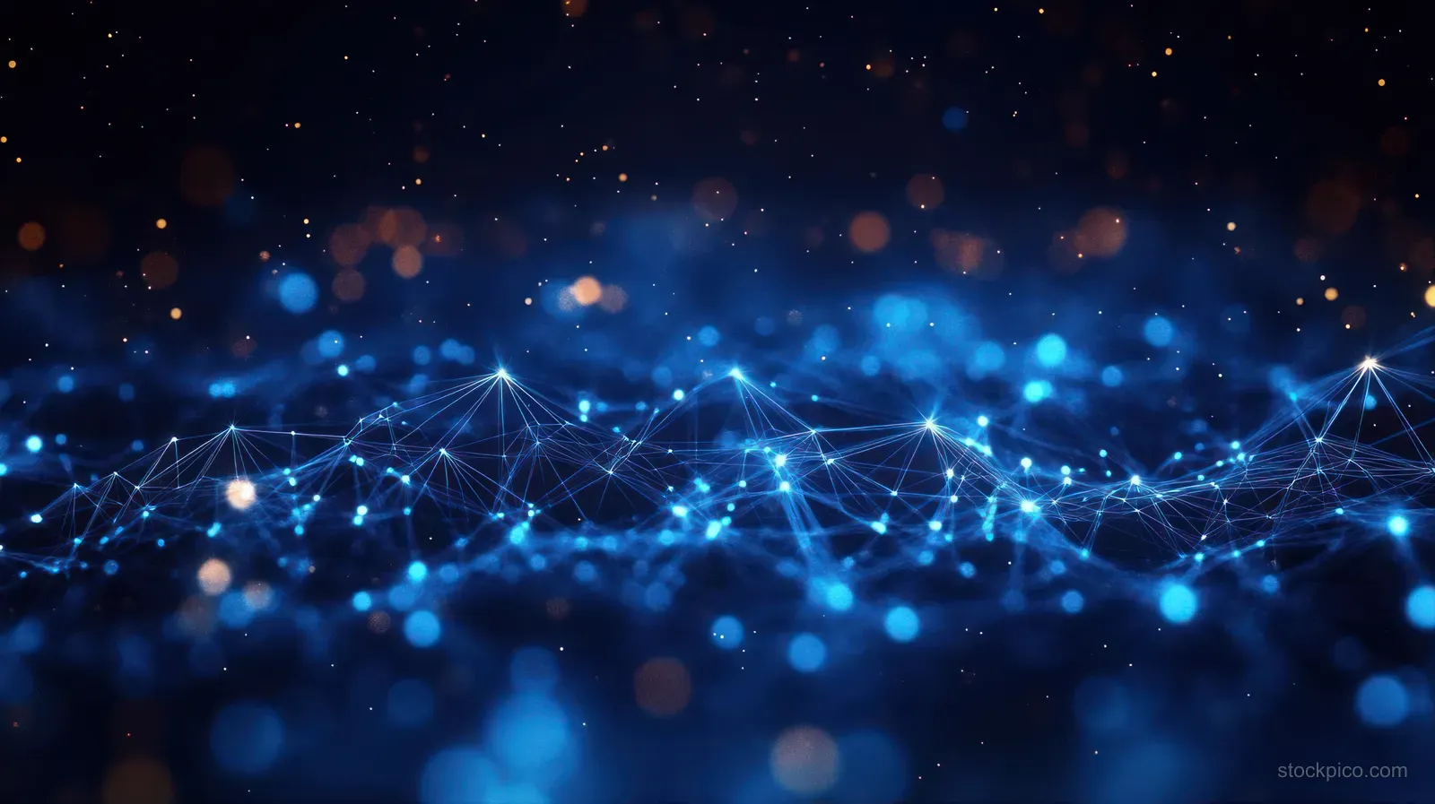 Glowing blue network nodes connected by lines over a dark background with warm light particles in the distance.