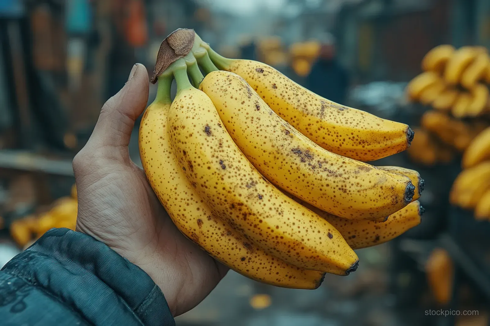 A hand holds a bunch of ripe bananas with speckled yellow peels in a blurred market.