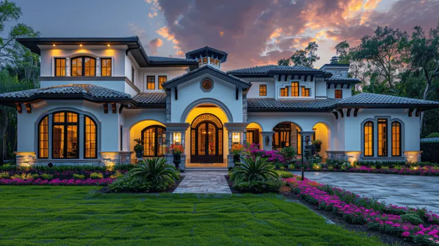 Spanish colonial mansion exterior at sunset with stone archway entry and brick driveway