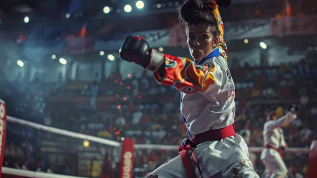 A taekwondo fighter performs a high kick in a packed arena under bright lights.