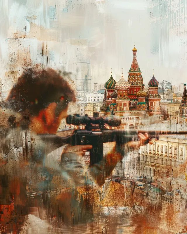 A prone 50m rifle shooter aims at a target with blurred motion and a Kremlin-like skyline overlay.