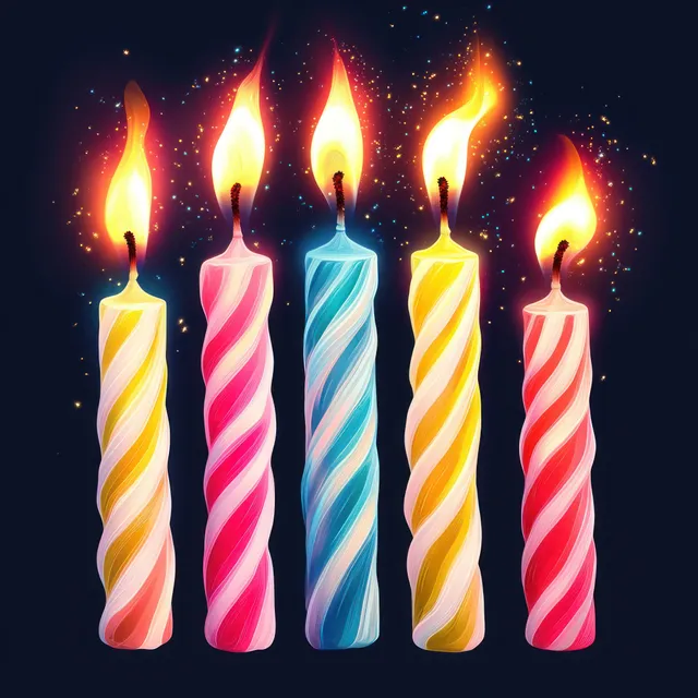 Striped birthday candles with twirling colors burn with flames against a dark background.