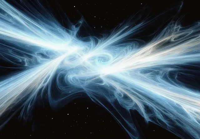 Blue and white energy streams swirl together into a bright vortex over a dark starry background.
