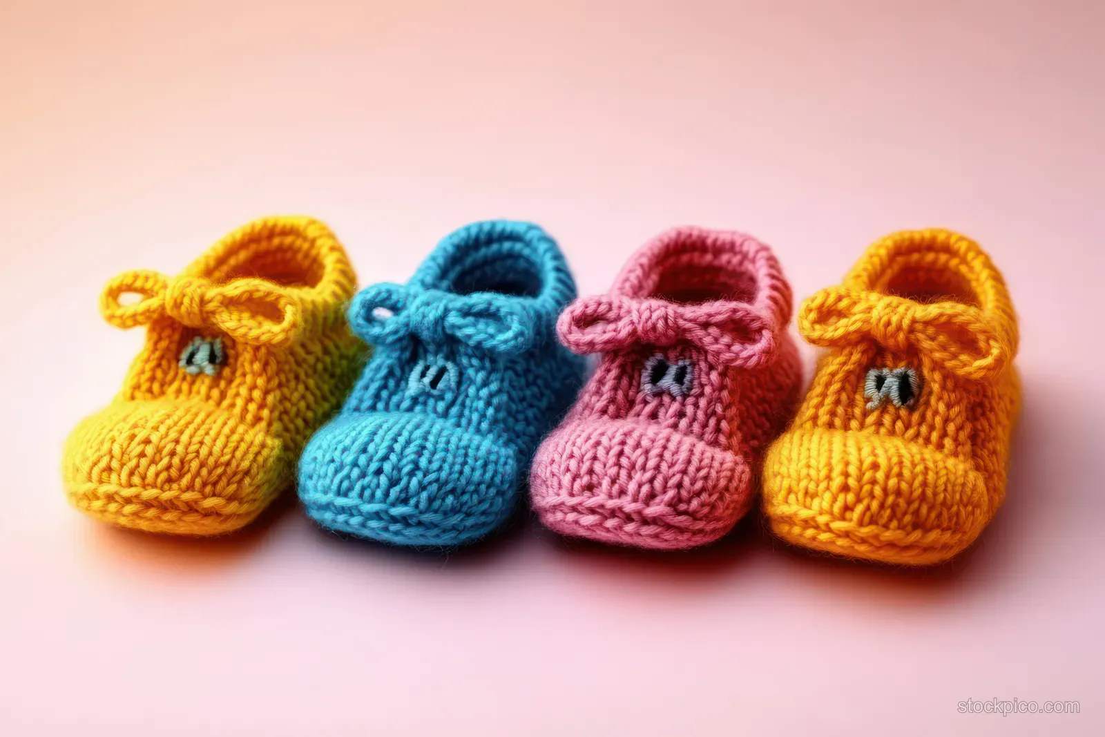 Four knitted baby booties in pastel colors lined up on a soft background with bunny-face details.