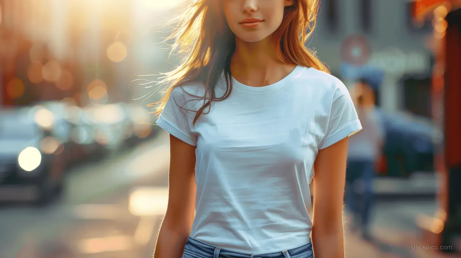Woman in a light blue t-shirt poses outdoors on a city street with a blurred bokeh background.