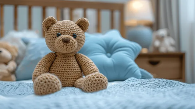 Knitted teddy bear sitting on a blue crib blanket in a cozy nursery room