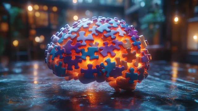 A glowing 3D brain built from colorful puzzle pieces on a wet street at night, with blurred city lights in the background.