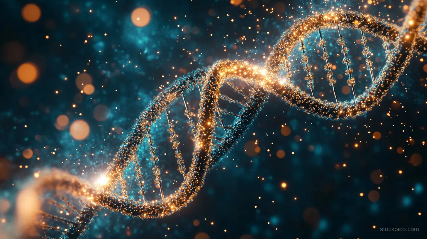 A luminous double helix DNA strand glows with golden and blue particles over a dark cosmic background.