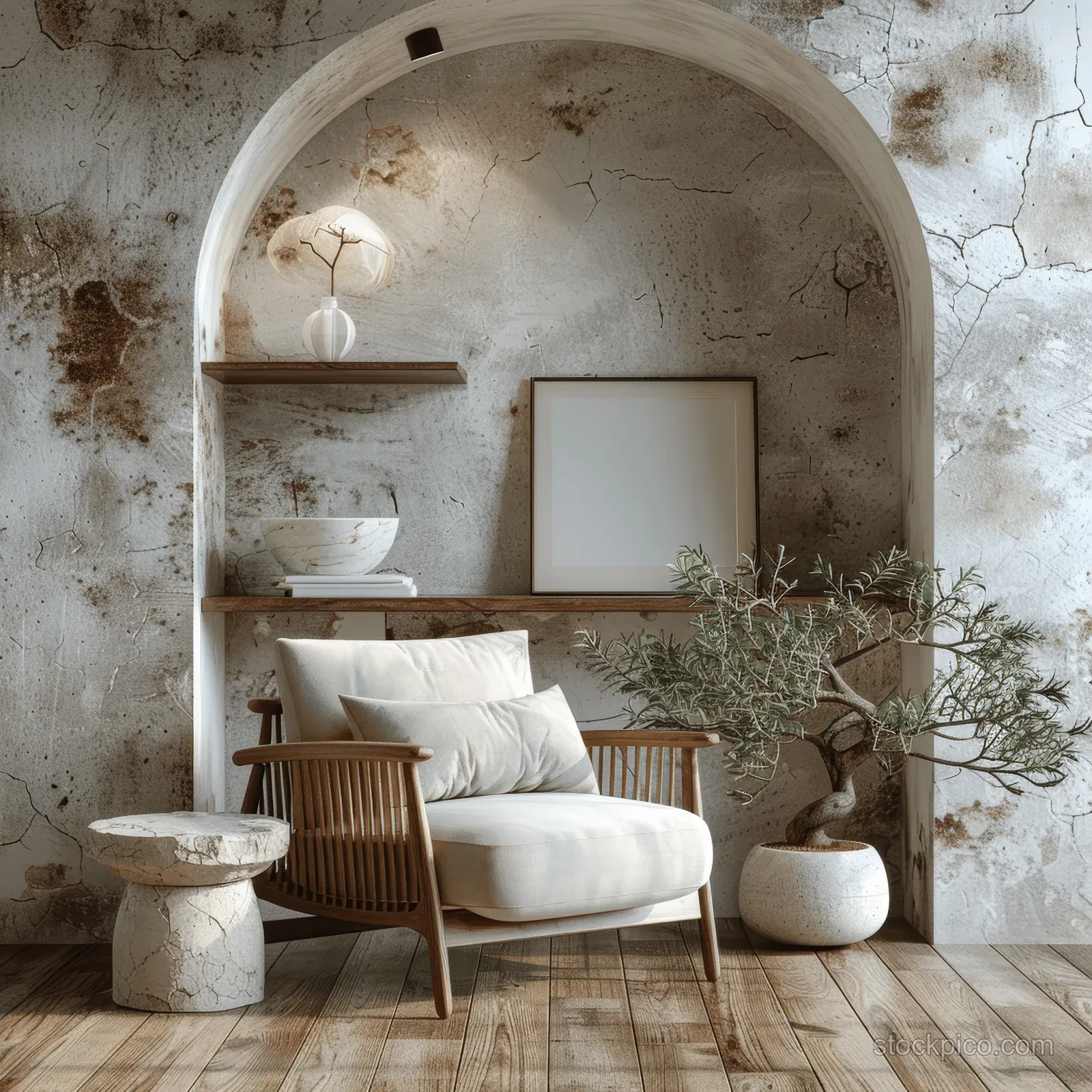 Minimalist living room interior with a wooden armchair, arched shelves, framed artwork, and neutral decor plants.